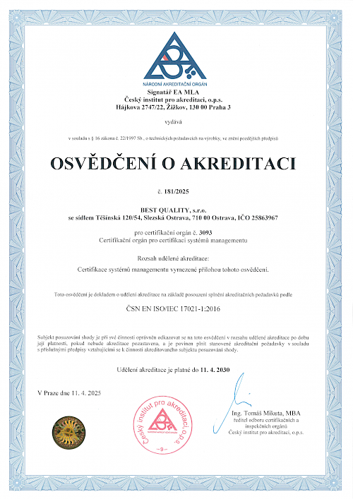 Osvědčení o akreditaci BEST QUALITY č. 181/2025, platné do 11. 4. 2030